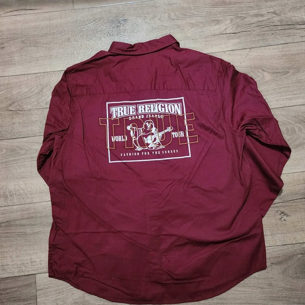True Religion Mens Burgundy World Tour Buddha Button Down Shirt XL long sleeve